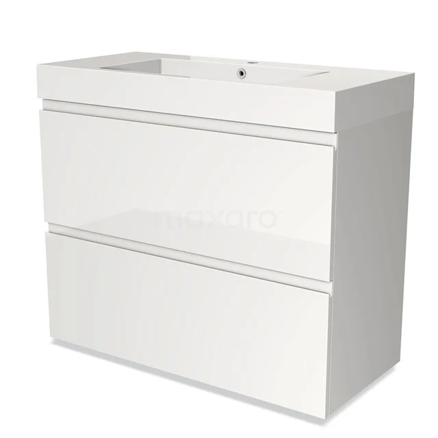 Weißes Badezimmermöbel mit doppelten Schubladen und integriertem Waschbecken, modernes Design aus Hochglanzmaterial.