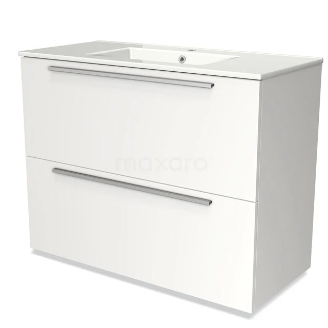 Witte badkamermeubel met wasbak, twee lades en metalen handgrepen, strak design perfect voor moderne badkamers.