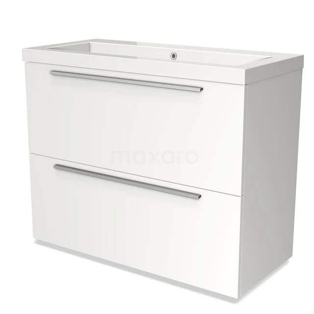 Witte badkamermeubel met twee lades, slank ontwerp, metalen grepen en geïntegreerde wastafel; ideaal voor moderne badkamers.