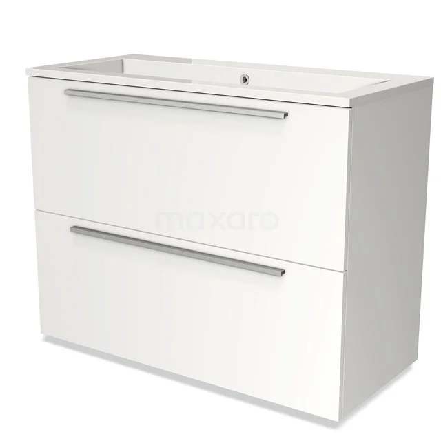 Weißes Badezimmermöbel mit zwei Schubladen, minimalistisches Design und integriertem Waschbecken; ideal für moderne Badezimmergestaltung.