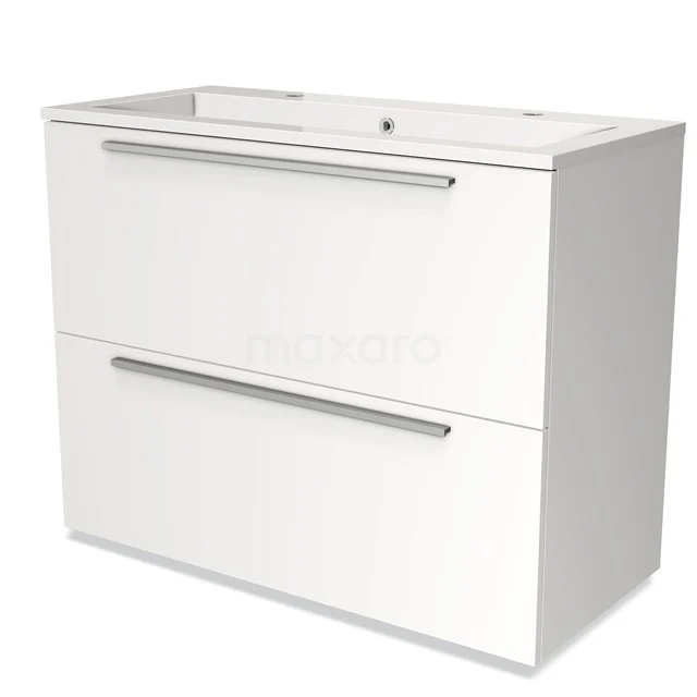 Witte badkamermeubel met twee softclose lades, modern design, voorzien van een wastafel, ideaal voor compacte badkamers.
