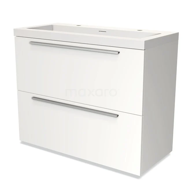 Weiße moderne Waschbeckenunterschrank mit zwei Schubladen, schlichten Haltegriffen und glänzender Oberfläche, perfekt für jedes Badezimmer.