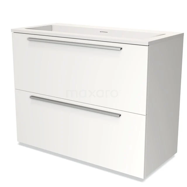 Wit badkamermeubel met twee lades, modern design, voorzien van een keramische wastafel en strakke metalen handgrepen.