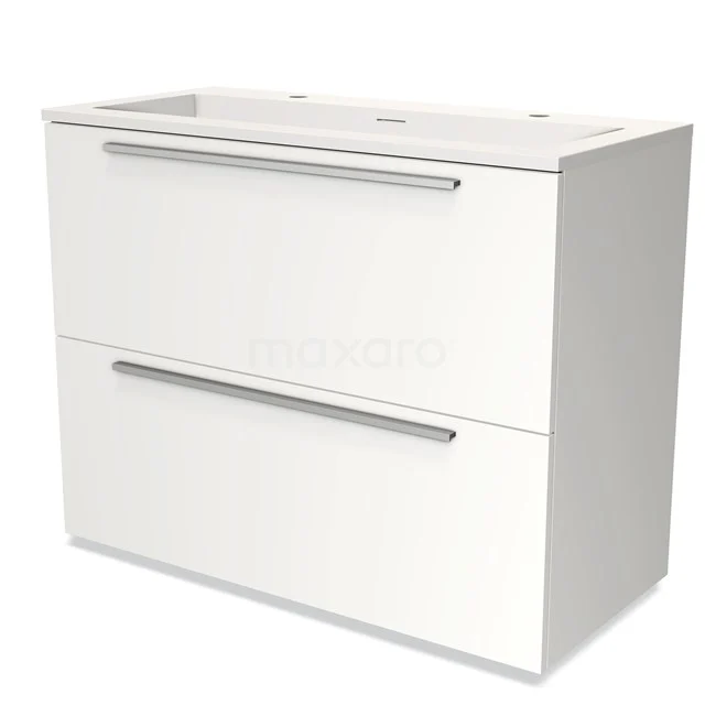 Witte badkamerkast met twee lades, modern design en metalen grepen, ideaal voor opbergruimte in de badkamer.