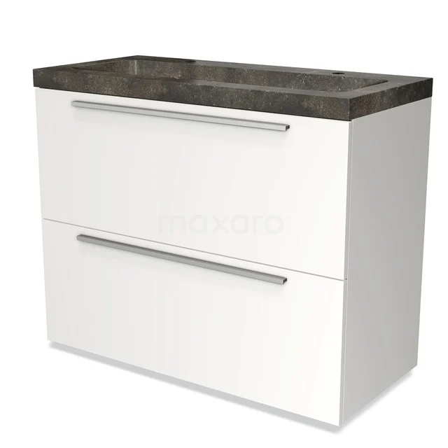 Wit badkamermeubel met twee lades en een donker marmeren wastafel, modern design en duurzaam materiaal.
