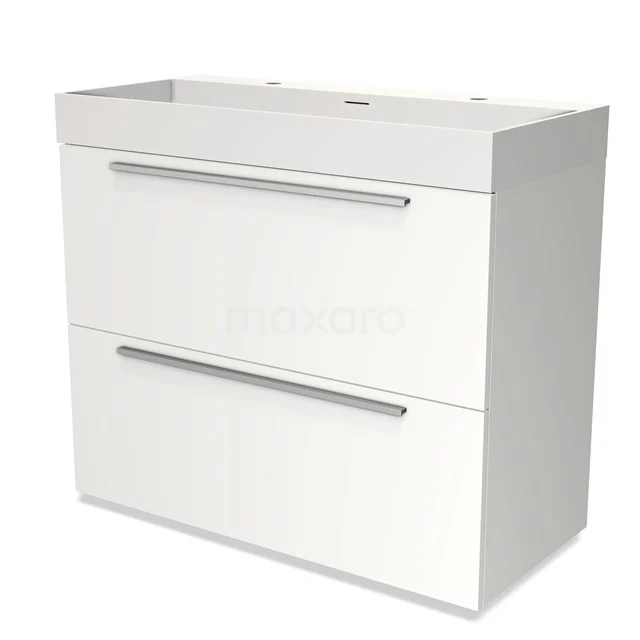 Witte badkamermeubel met twee lades, modern ontwerp, metalen handgrepen en duurzaam materiaal voor stijlvolle badkameropslag.