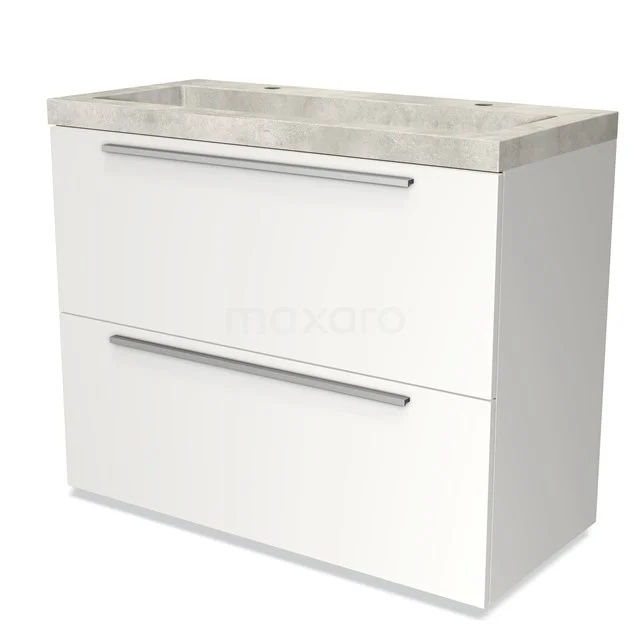 Wit wastafelmeubel met 2 lades, betonlook blad, strak design, ideaal voor moderne badkamers.