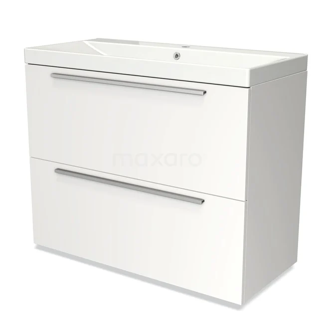 Witte badkamermeubelset met geïntegreerde wastafel, twee lades met zilveren handgrepen, strak design.