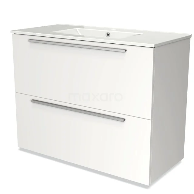 Wit badkamermeubel met 2 lades, strakke RVS handgrepen en keramische wastafel, modern design voor elke badkamerstijl.