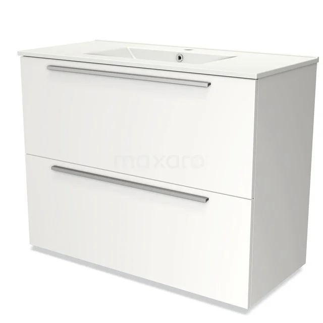 White wooden bathroom unit with two wide drawers, integrated vanity units with basin and silver handles from the modern design series.