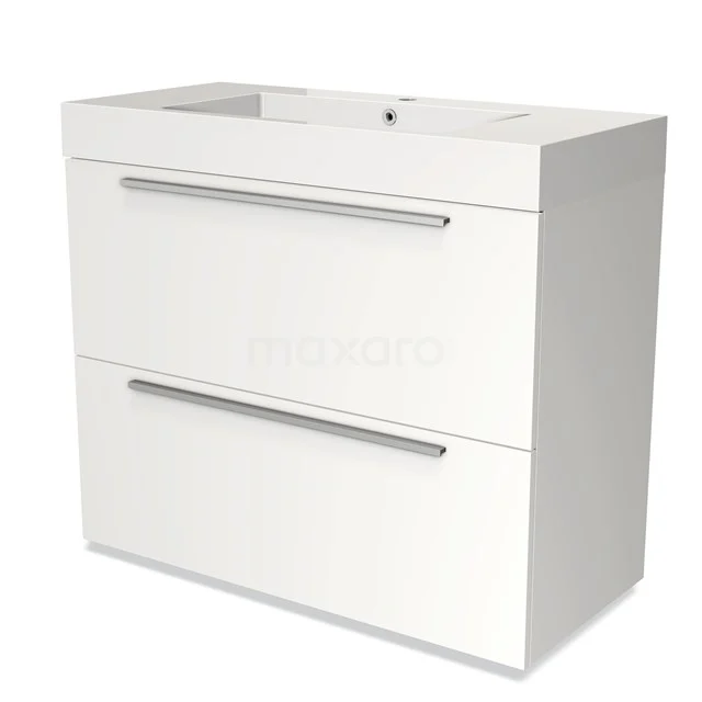 Wit badkamermeubel met 2 lades, modern design, glad afwerking en geïntegreerde wastafel, ideaal voor strakke badkamerstijl.