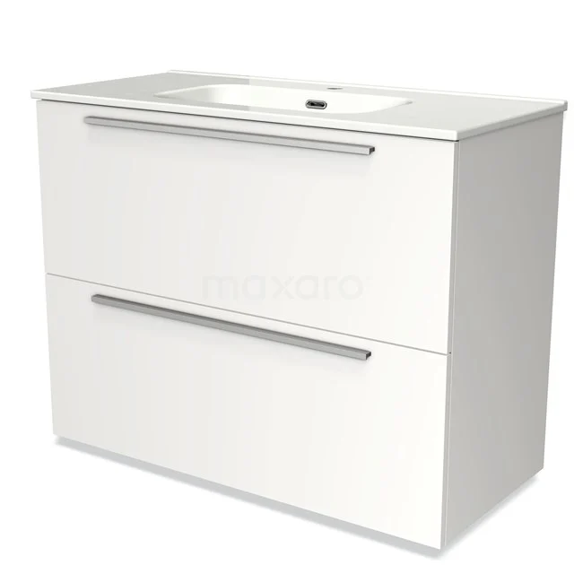 Wit badkamermeubel met wastafel in minimalistisch design, twee lades, moderne afwerking en geïntegreerde handgrepen.