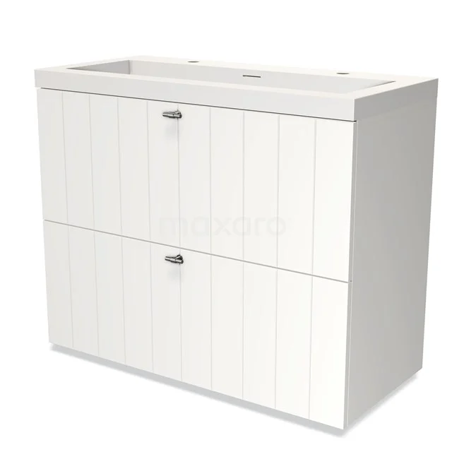 White wooden bathroom cabinet with two handleless drawers, vertical panels and modern design for optimal storage space.