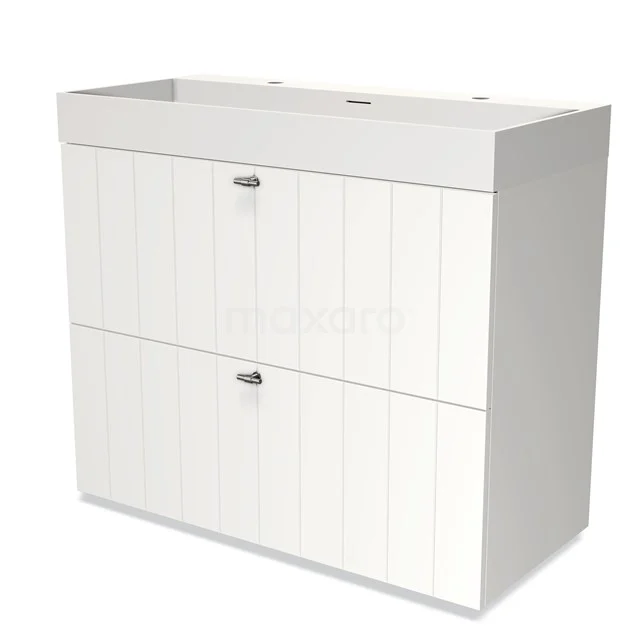 Modulo Vanity units with basin | 100 cm Matte white Slat front Solid surface 2 stacked drawers under each other BMW13-00724 White bathroom unit with two handleless drawers, vertical panels and modern design, ideal for smart bathroom storage.
