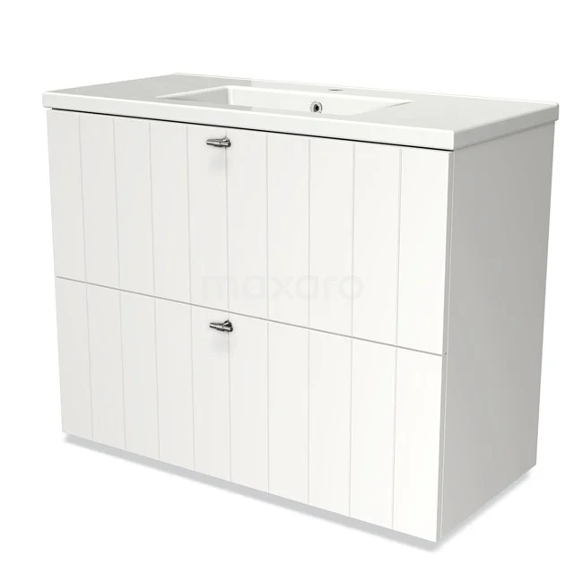 White wooden bathroom unit with sink, two soft-close drawers and vertical panels, ideal for stylish bathroom storage.