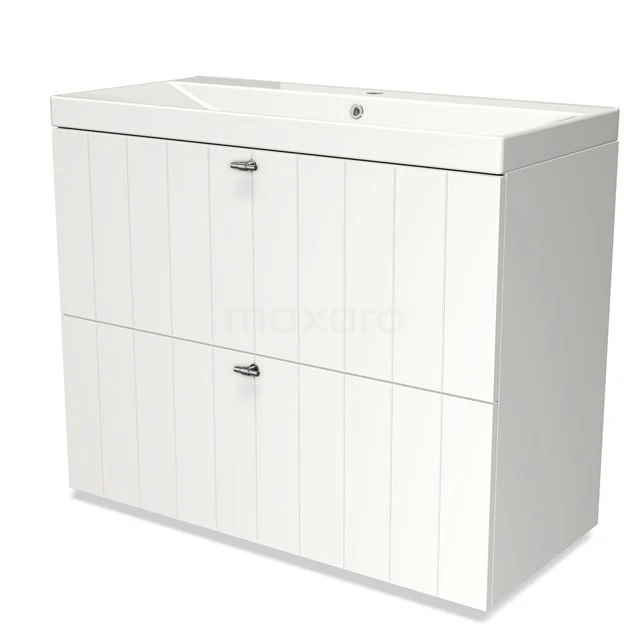 Modulo Bathroom furniture with sink | 100 cm Matte white Slat front Ceramic 2 stacked drawers under each other BMW13-00728 White bathroom unit with double drawers, vertical panels and built-in ceramic basin worktop; sleek and modern design.