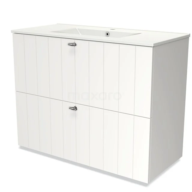 White wooden bathroom unit with two drawers, vertical lines and integrated vanity units with basin, ideal for modern bathrooms.