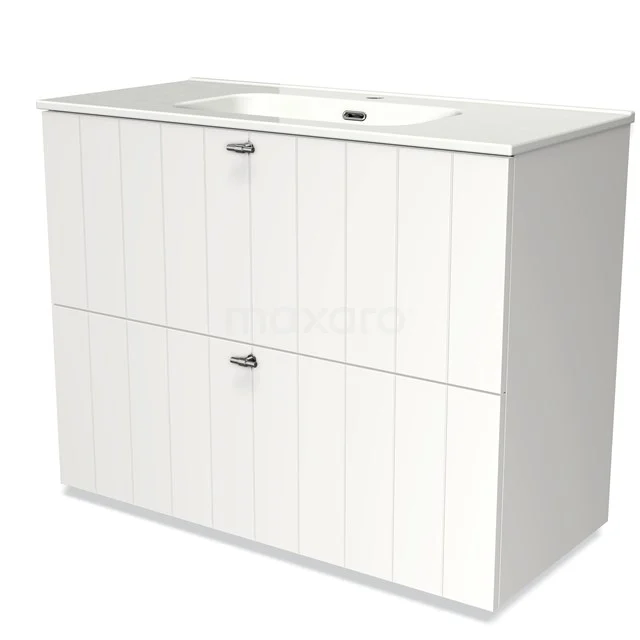 White wooden bathroom furniture set with two ribbed structure drawers and built-in basin, modern design.