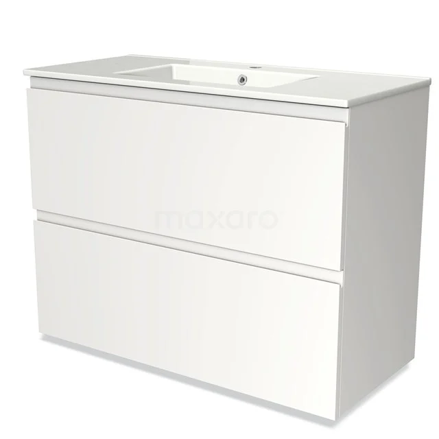 White bathroom unit with integrated vanity units with basin, two soft-close drawers and a sleek, modern design.