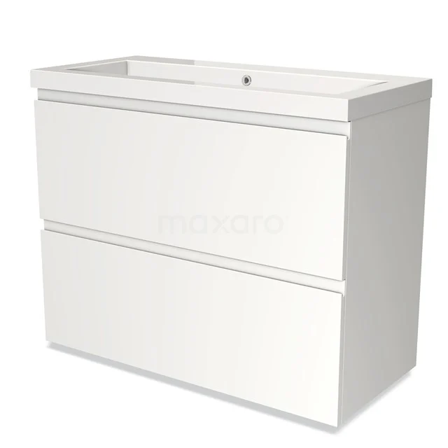 Wit badkamermeubel met twee lades, modern design, hoogglans afwerking en geïntegreerde wastafel.