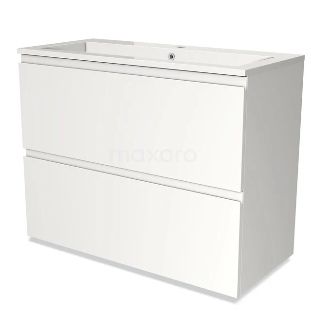 Wit badkamermeubel met twee softclose-lades, modern design, geschikt voor wastafel met kraangat, strak en functioneel.