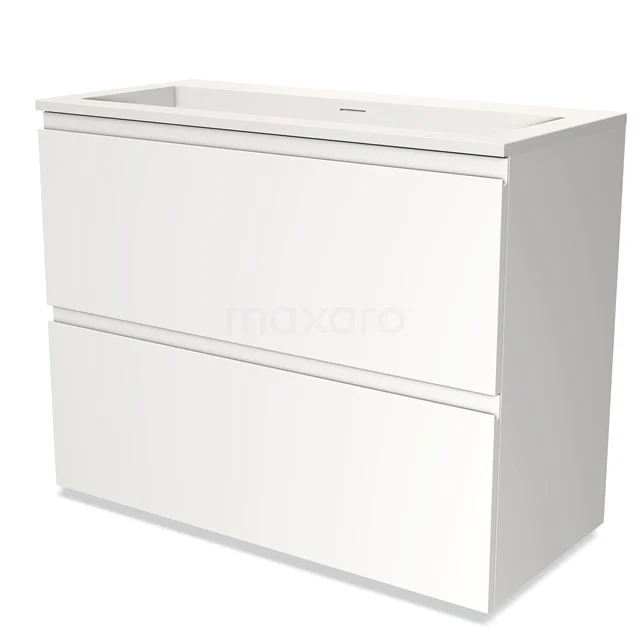 Witte badkamermeubelset met twee lades, strak design en geïntegreerde wastafel, ideaal voor een moderne badkamerinrichting.