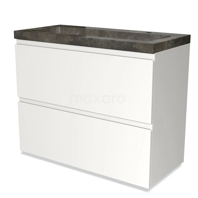 Wit badkamermeubel met steenlook wastafel, twee lades en strak design; ideaal voor een moderne badkamer inrichting.