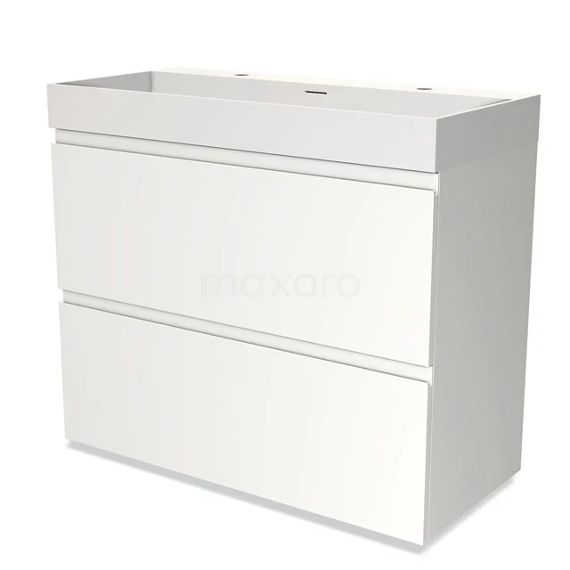 Badmöbel 100cm Modulo Matt Weiß 2 hohe Schubladen Griffloses Solid Surface Waschbecken BMW13-00744 Weißes Badezimmermöbel mit 2 grifflosen Schubladen, modernes Design und matte Oberfläche, perfekt für einen klaren Badezimmerstil.