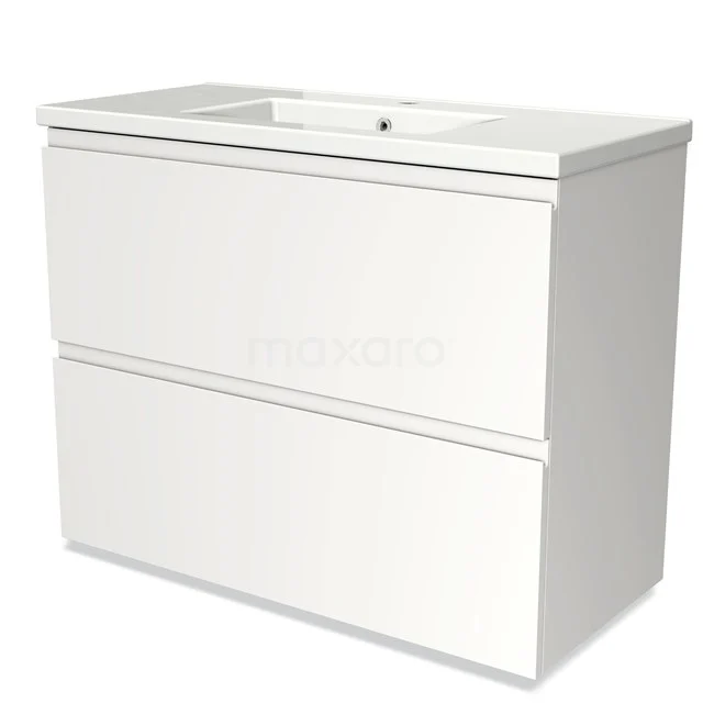 Modulo Vanity units with basin | 100 cm Matte white Handle-less front Ceramic 2 stacked drawers under each other BMW13-00745 White bathroom cabinet with ceramic basin, minimalist design, two-drawer storage space, ideal for modern bathrooms.