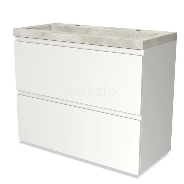 Weißes Badezimmermöbel mit zwei Schubladen und einer Betonlook Waschtischplatte, elegantes Design, ideal für moderne Badezimmer.