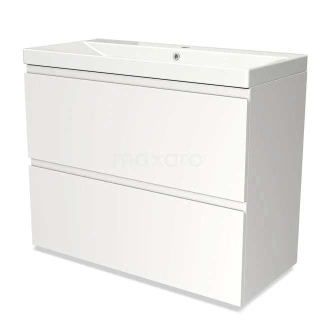 Weiße Badmöbelset mit zwei Schubladen und integriertem Waschbecken, modernes Design, ideal für einen klaren Badezimmerstil.