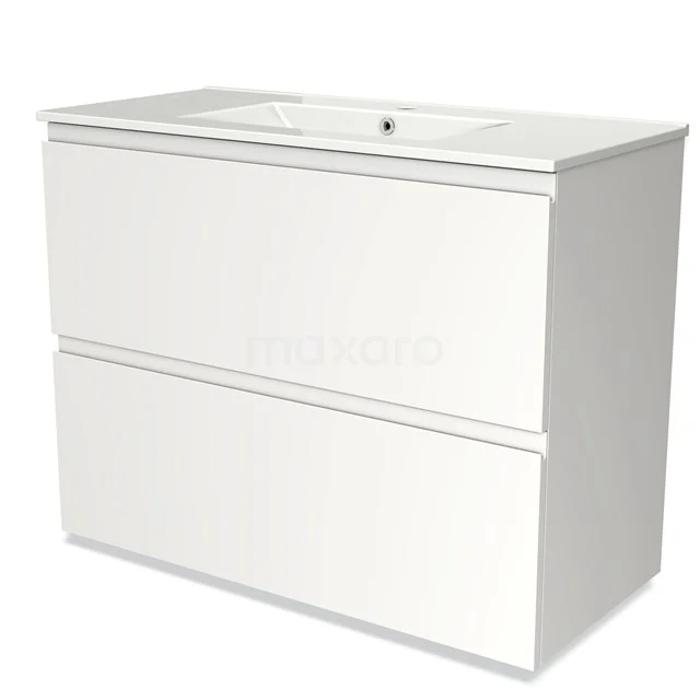 Witte badkamerkast met twee lades, modern design, gecombineerd met keramische wastafel; praktisch en stijlvol voor elke badkamer.