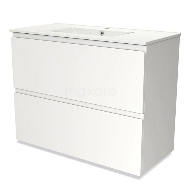 Wit badkamermeubel met dubbele lade, modern design, mat afwerking, inclusief wastafel; ideaal voor strakke badkamerstijl.