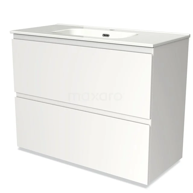 White bathroom unit with integrated vanity units with basin, sleek design, two drawers, ideal for modern bathroom storage.