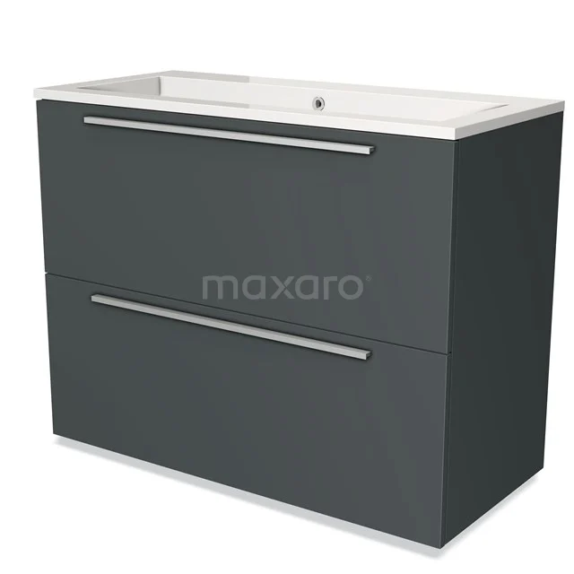 Donkergrijze badkamerkast met twee lades, metalen handgrepen en keramische wastafel; modern design voor een stijlvolle badkamer.