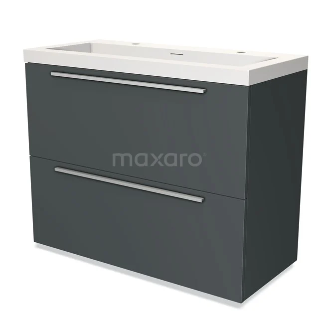 Donkergrijze badkamermeubel set met 2 lades, RVS handgrepen en ingebouwde wastafel, modern design.