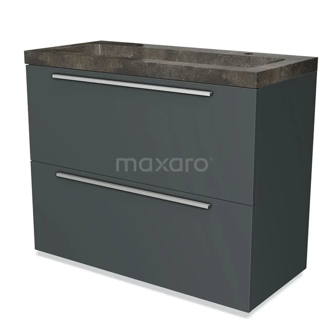 Dunkelgrau Badmöbel mit Marmorlook Waschbecken, schlankes Design, ausgestattet mit zwei breiten Schubladen und chromfarbenen Haltegriffen.