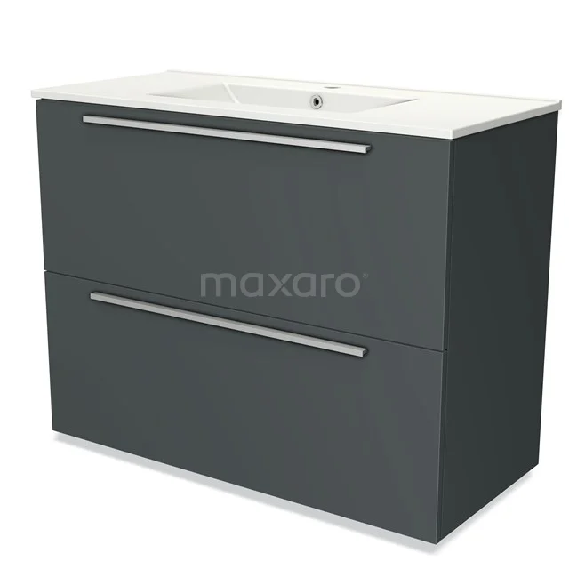 Grey bathroom cabinet with two drawers, integrated white basin and modern design. Perfect for an organised bathroom.