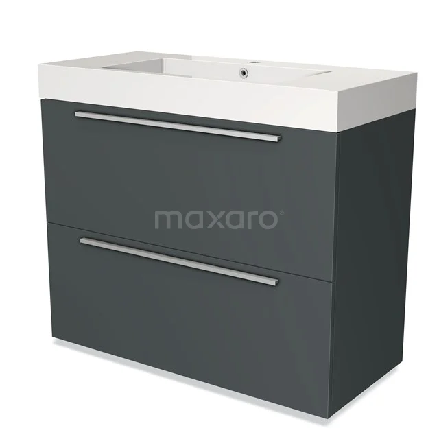 Grey bathroom furniture set with two drawers, a ceramic basin and sleek chrome handles for a modern look.