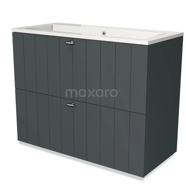 Dark grey vanity set with vertical ribbed structure, two drawers and integrated basin, modern bathroom design.