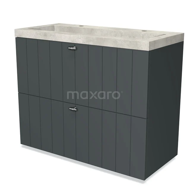 Dark grey Bathroom unit with wood-look panels, ceramic vanity units with basin and two drawers, ideal for a modern bathroom.