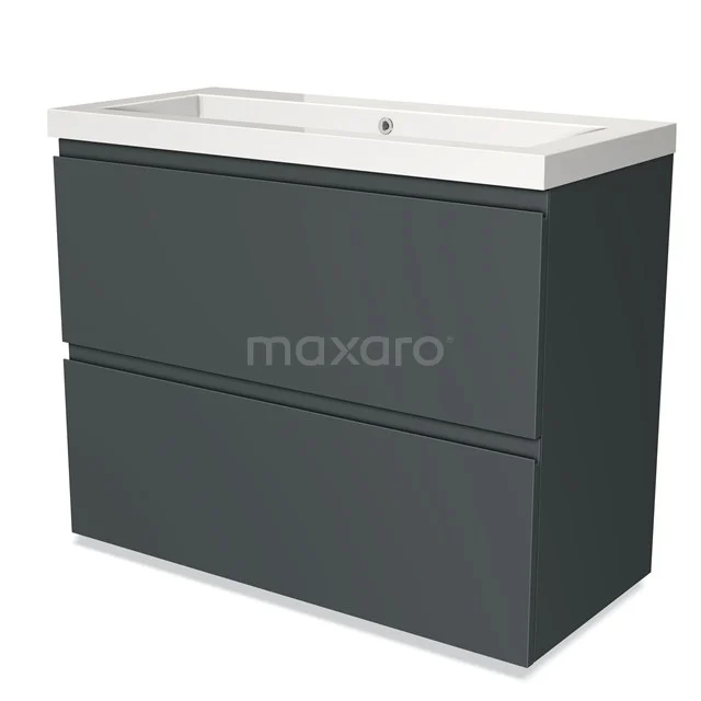 Anthracite bathroom unit with white ceramic basin, sleek design and two handleless drawers for modern bathroom storage.