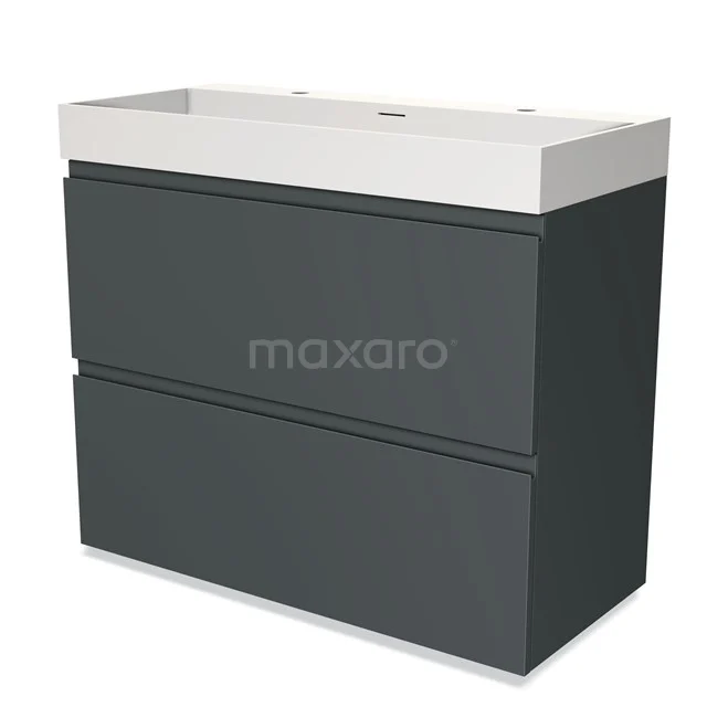 Dark grey Bathroom unit with two drawers and white ceramic vanity units with basin, sleek modern design.