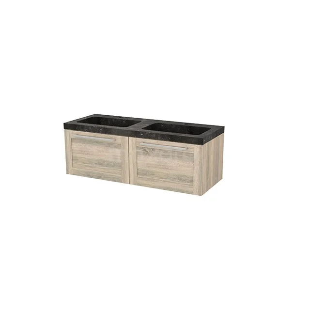 Wooden bathroom unit with double black ceramic vanity units with basin, country style, perfect for stylish bathroom decor.