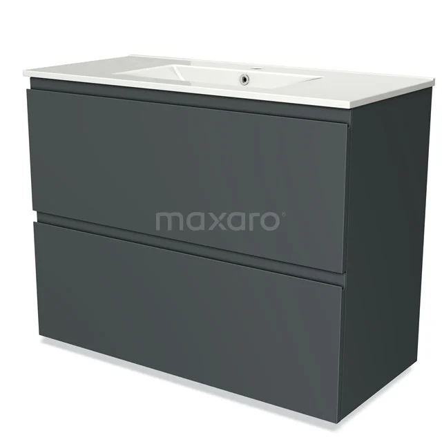 Black bathroom cabinet with two drawers and white basin, modern design, suitable for stylish bathroom interiors.