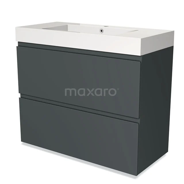 Dark grey bathroom furniture set with two drawers and a white ceramic basin, sleek design for modern bathrooms.