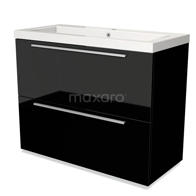 Black glossy vanity base unit with two drawers, chrome handles and white ceramic basin; modern bathroom unit.