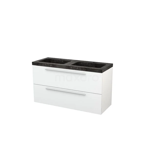 White wooden bathroom unit with two drawers and black stone basin worktop, ideal for modern decor and bathroom storage.