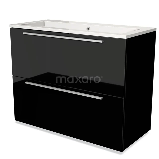 Black glossy bathroom unit with ceramic vanity units with basin, two drawers and chrome handles, modern design.