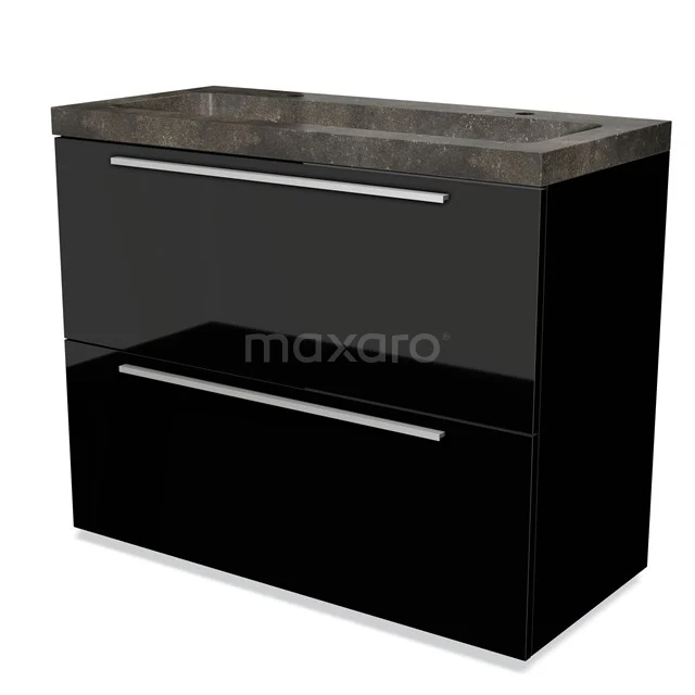 Black bathroom furniture set with two drawers and ceramic basin, modern design with glossy finish.